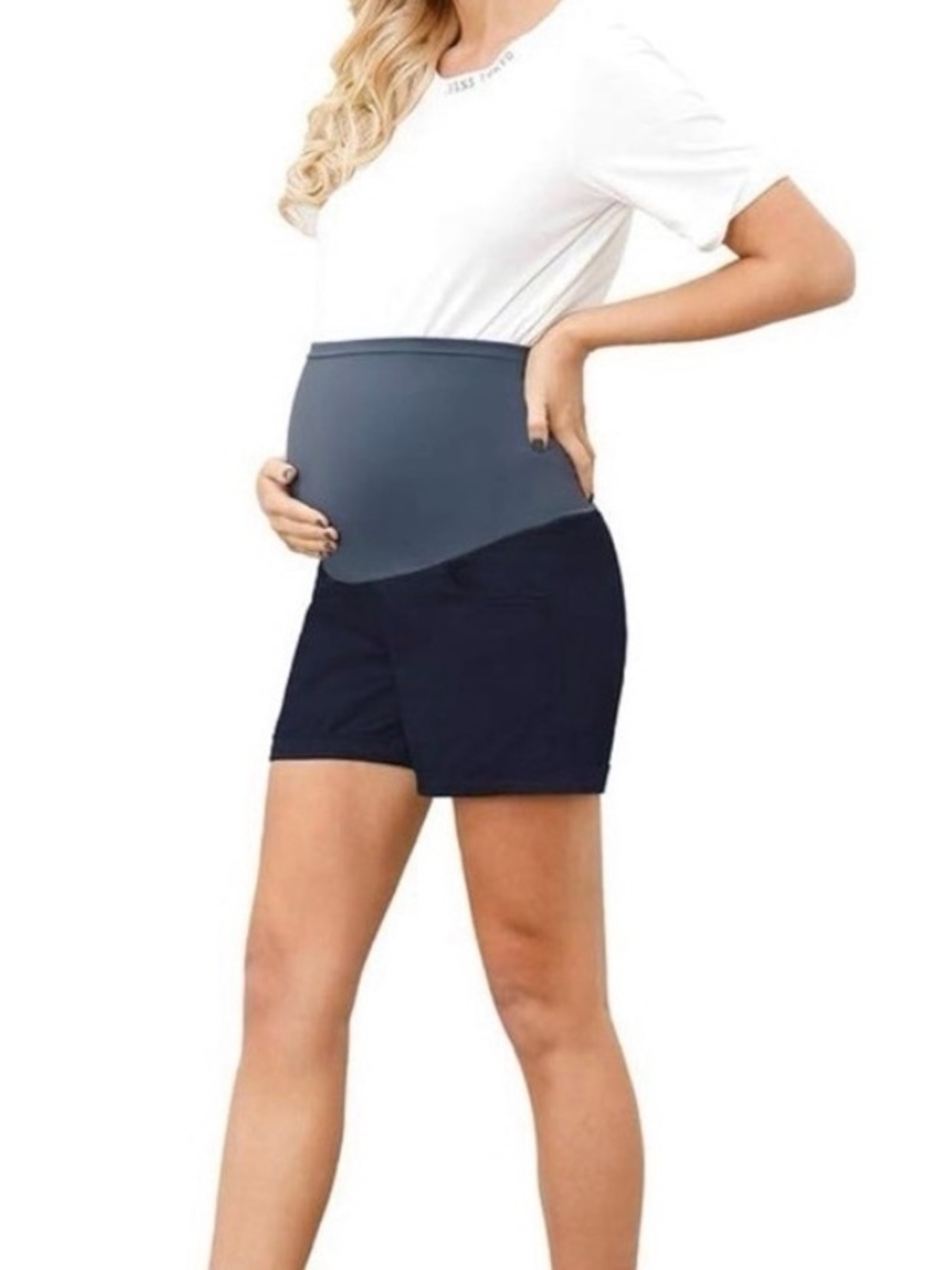 Maacie Women's Maternity Casual High Rise Pull-On Navy Stretch Pocket Shorts M